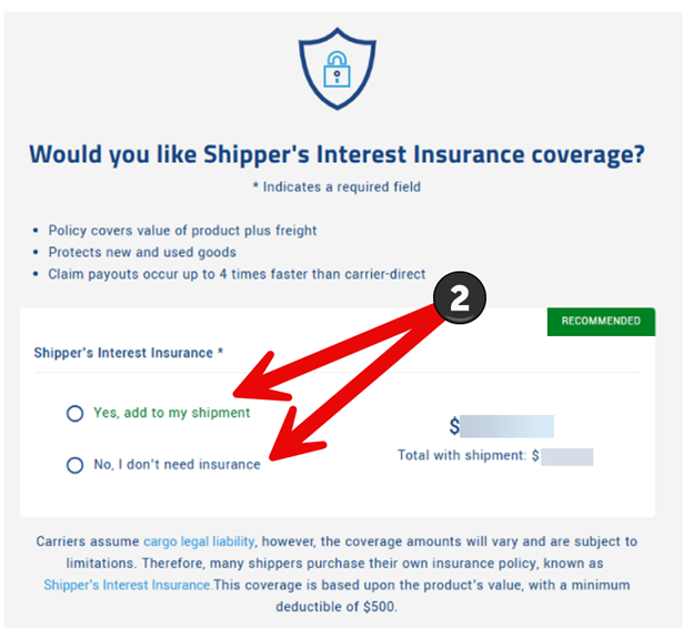 How to book an LTL shipment | Step 13: Shippers Insurance option